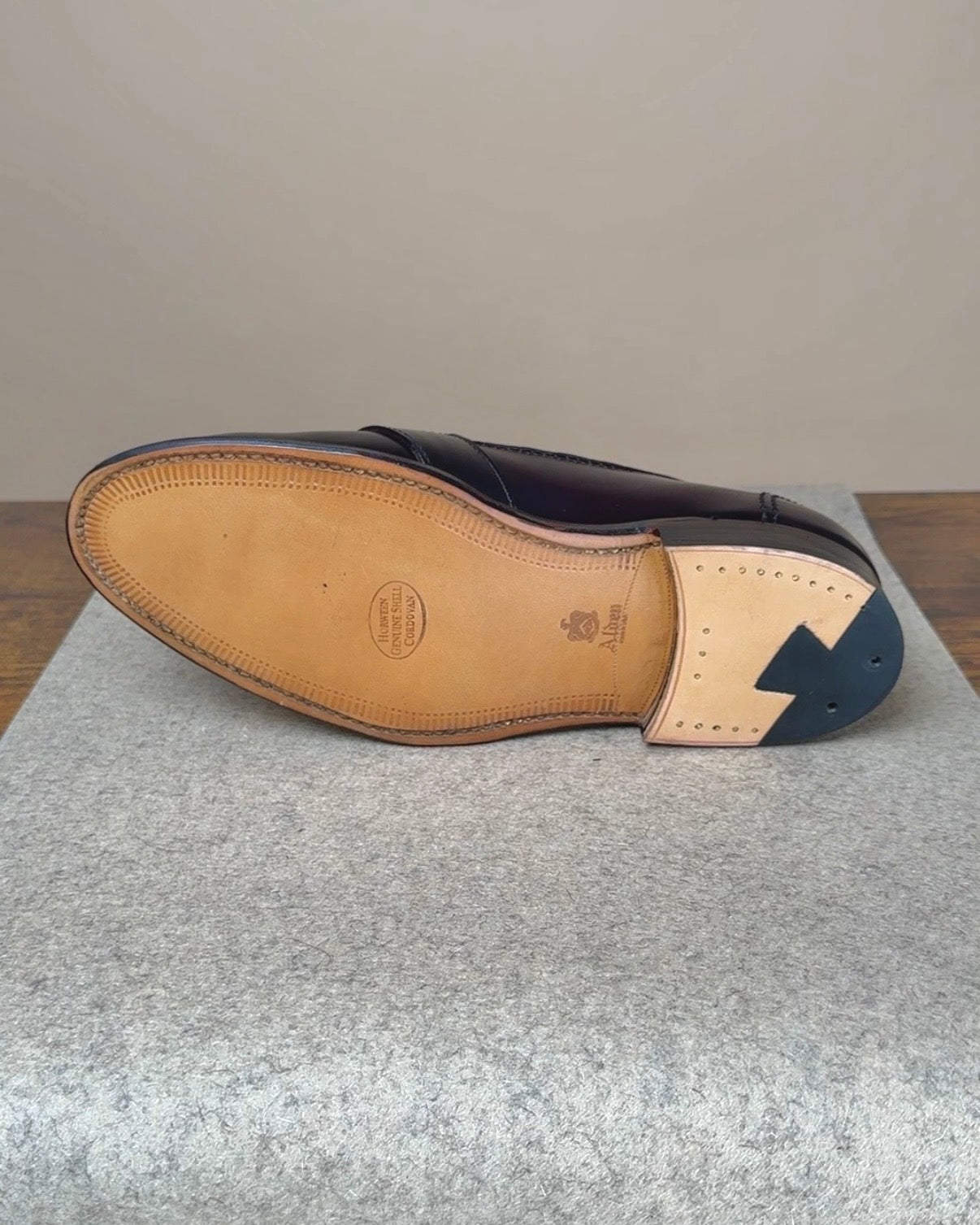 Alden Full Strap Penny Loafer in Color 8 Shell Cordovan, showcasing classic men's leather footwear with a full strap design.