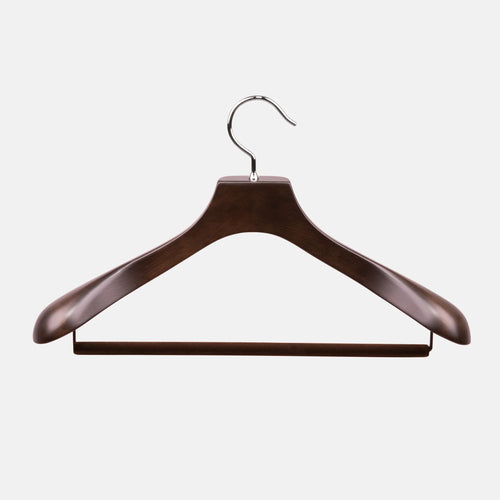 Nakata Hanger AUT-05 smoked brown suit hanger with a sleek, polished wooden finish and sturdy metal hook for clothing accessories.