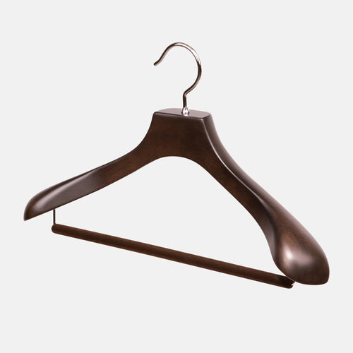 Nakata Hanger AUT-05 smoked brown suit hanger with side grip design, showcasing its sleek, durable accessories for clothing organization.