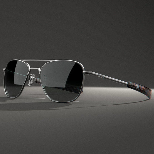 Randolph USA aviator sunglasses with satin gunmetal frame and slate polarized gradient nylon lenses, stylish outdoor accessory.