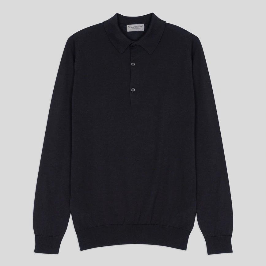 Navy blue Sea Island Cotton long sleeve polo shirt by John Smedley, displayed on a hanger with detailed fabric texture.