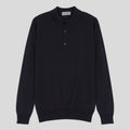 Navy blue Sea Island Cotton long sleeve polo shirt by John Smedley, displayed on a hanger with detailed fabric texture.