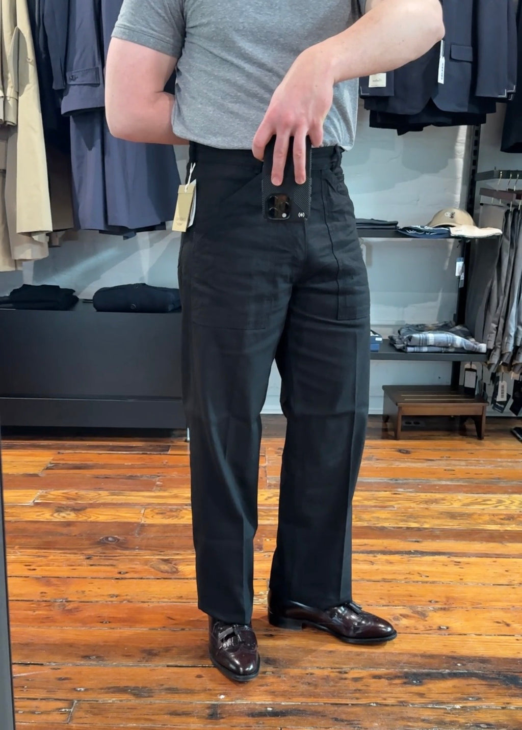 Black linen and cotton chevron Paul trousers by Cohérence, featuring a tailored fit and stylish pattern.