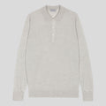 John Smedley long sleeve knitted polo in grey fleece, featuring a classic collar and textured knit fabric.