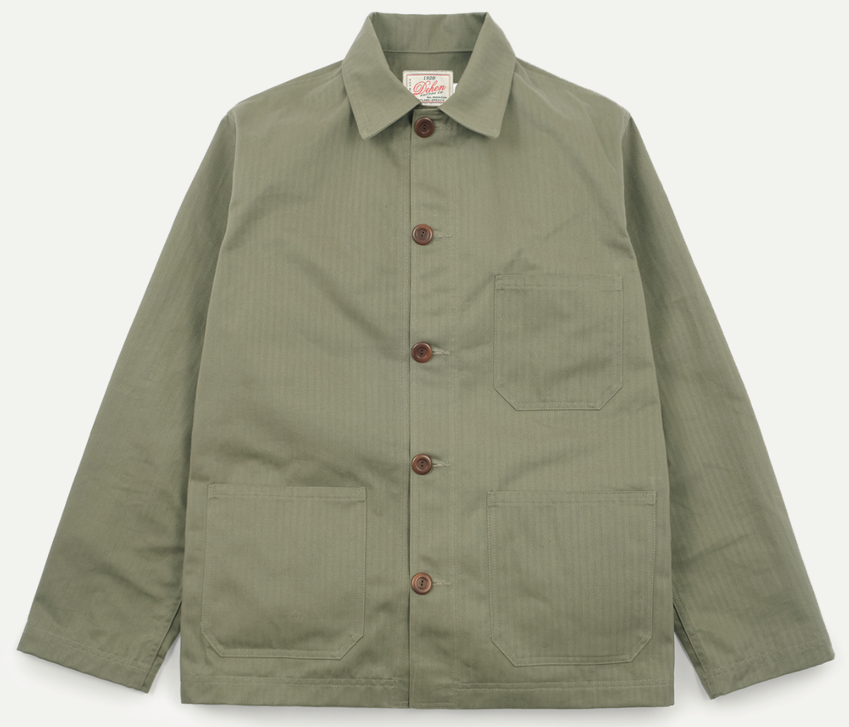 Dehen 1920 waxed chore coat in sage color, durable outdoor clothing with a rugged style and multiple front pockets.