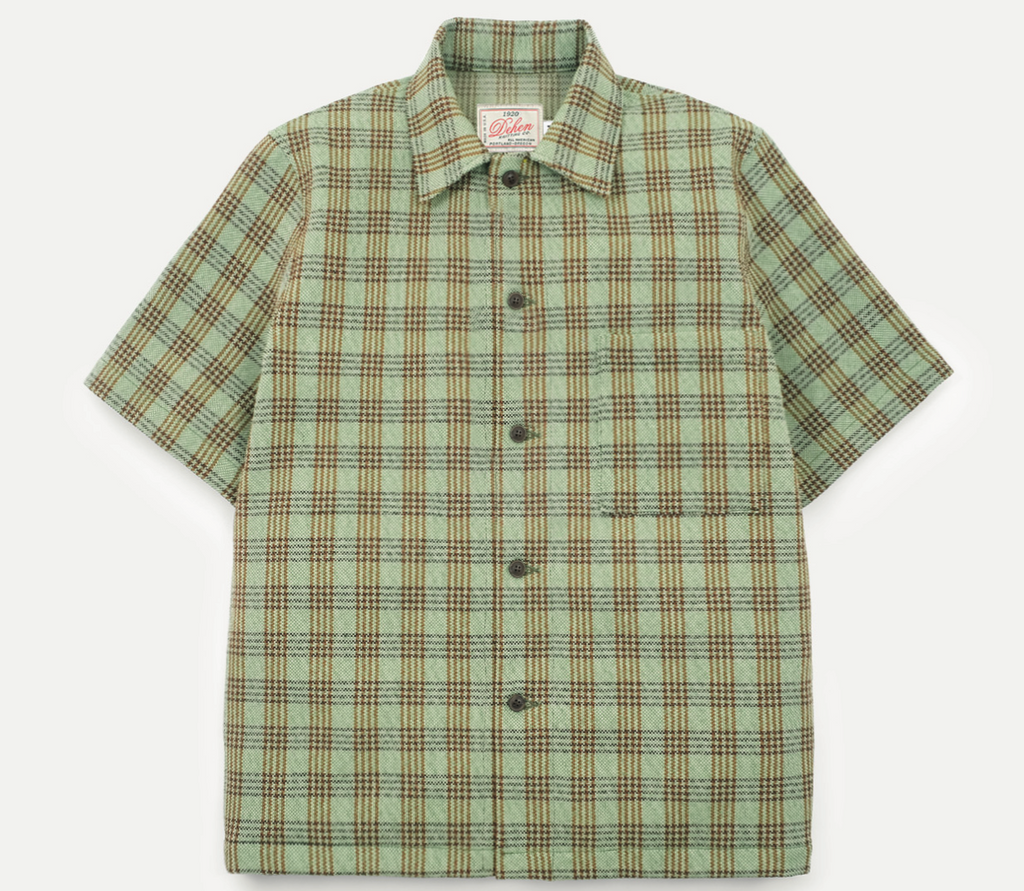 Dehen 1920 lounge shirt in lawn chair plaid featuring a casual, relaxed fit with button-up front and plaid fabric pattern.