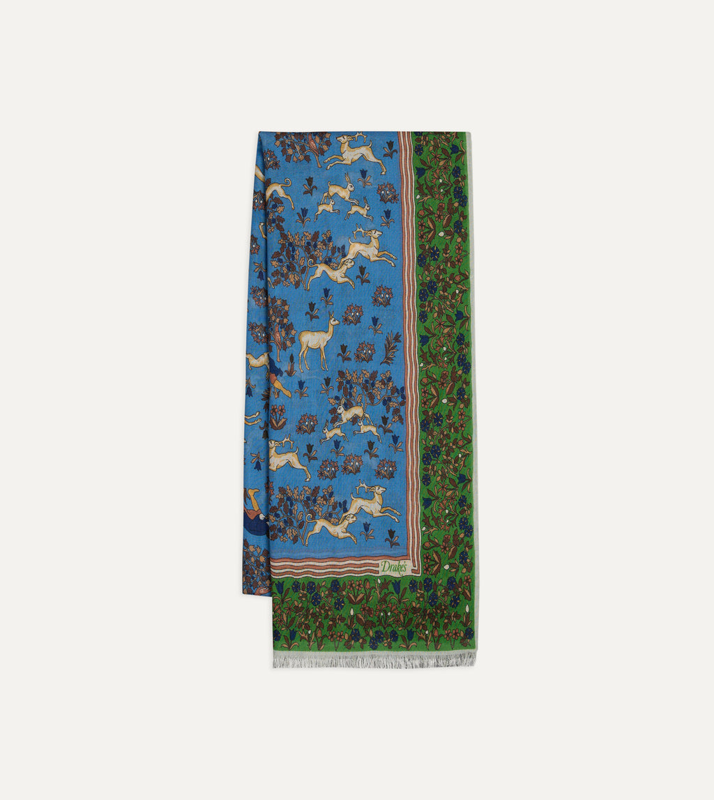 Animals Motif Wool-Silk Scarf - Blue & Olive
