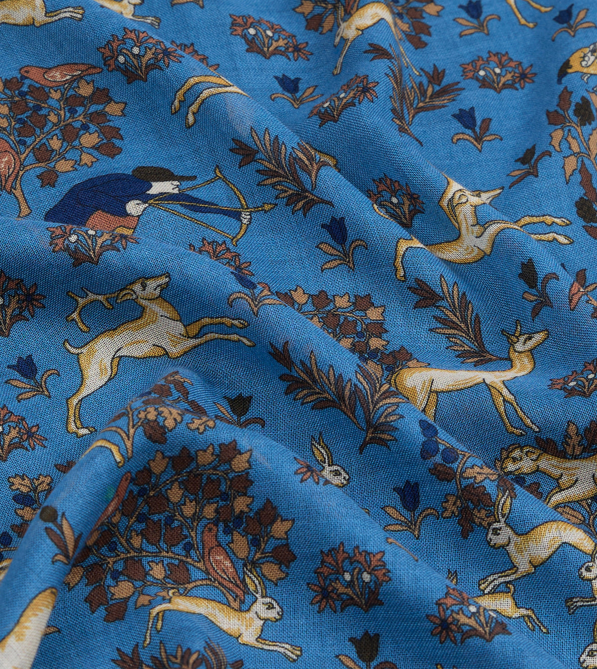 Animals Motif Wool-Silk Scarf - Blue & Olive