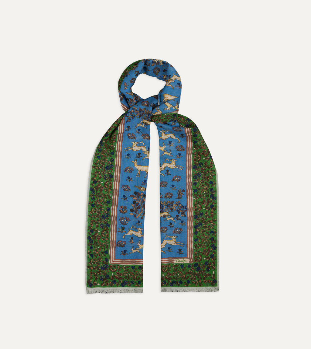 Animals Motif Wool-Silk Scarf - Blue & Olive