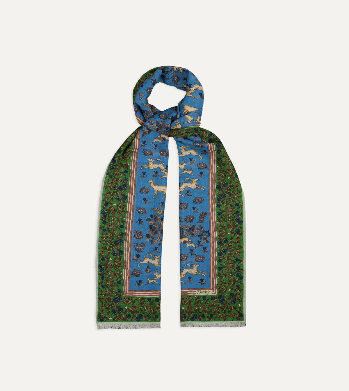 Animals Motif Wool-Silk Scarf - Blue & Olive