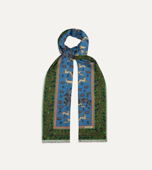 Blue and olive animals motif wool-silk scarf by Drake's, featuring intricate animal designs on soft, luxurious fabric.