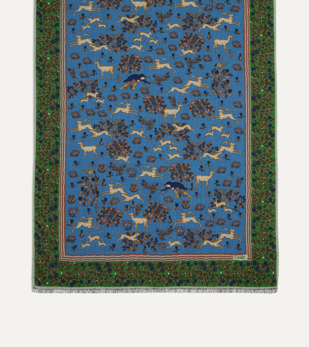 Animals Motif Wool-Silk Scarf - Blue & Olive