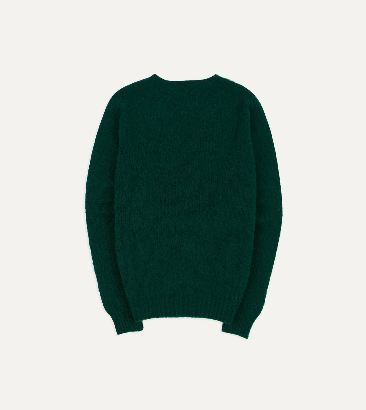 Drake's brushed Shetland crewneck sweater in forest green, showing the cozy wool texture and classic fit.