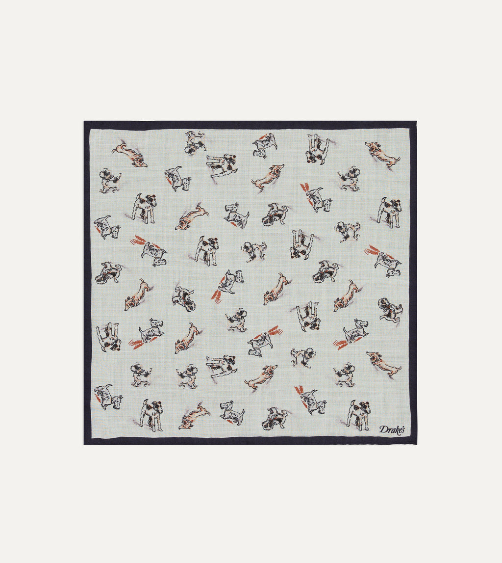 Dogs Motif Wool-Silk Pocket Square - Ecru