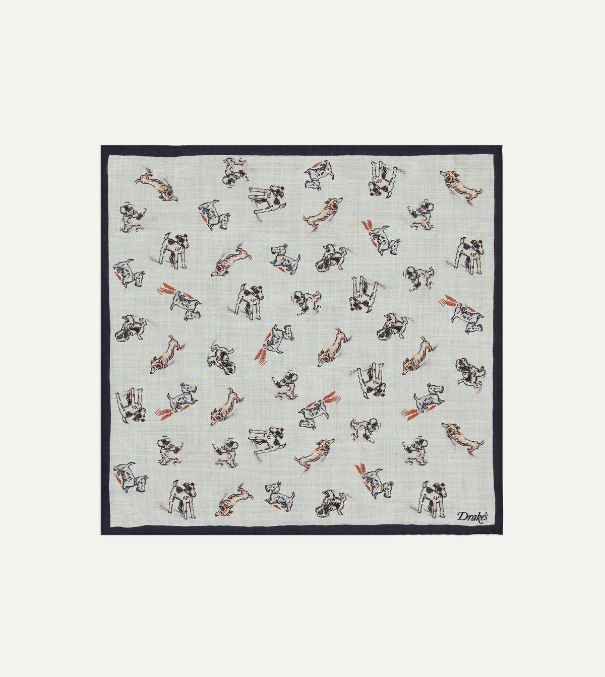 Dogs Motif Wool-Silk Pocket Square - Ecru