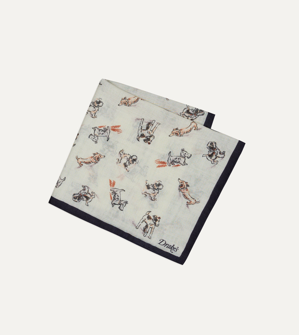 Dogs Motif Wool-Silk Pocket Square - Ecru