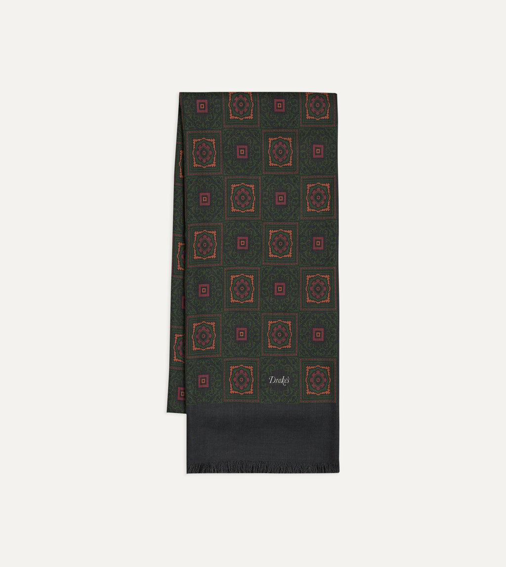 Medallion Print Tubular Wool-Silk Scarf - Dark Green & Brown