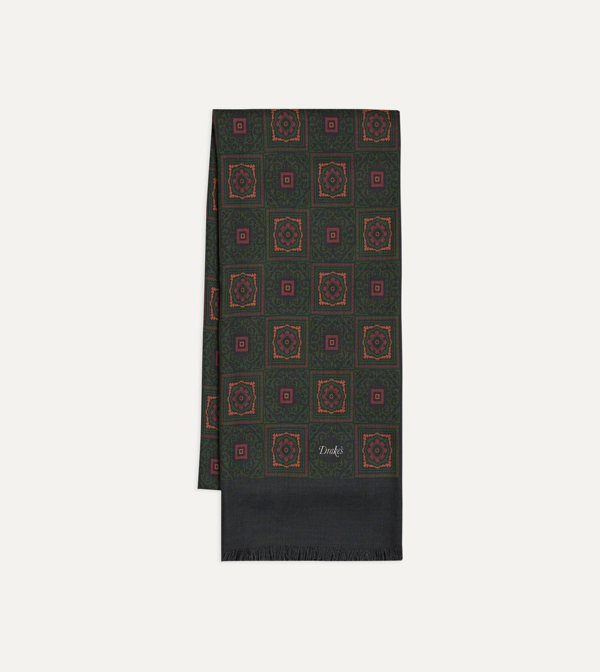 Medallion Print Tubular Wool-Silk Scarf - Dark Green & Brown