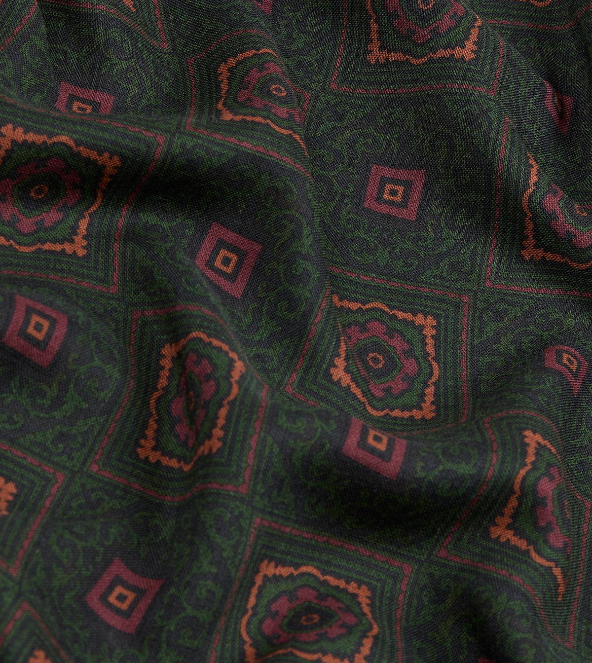 Medallion Print Tubular Wool-Silk Scarf - Dark Green & Brown
