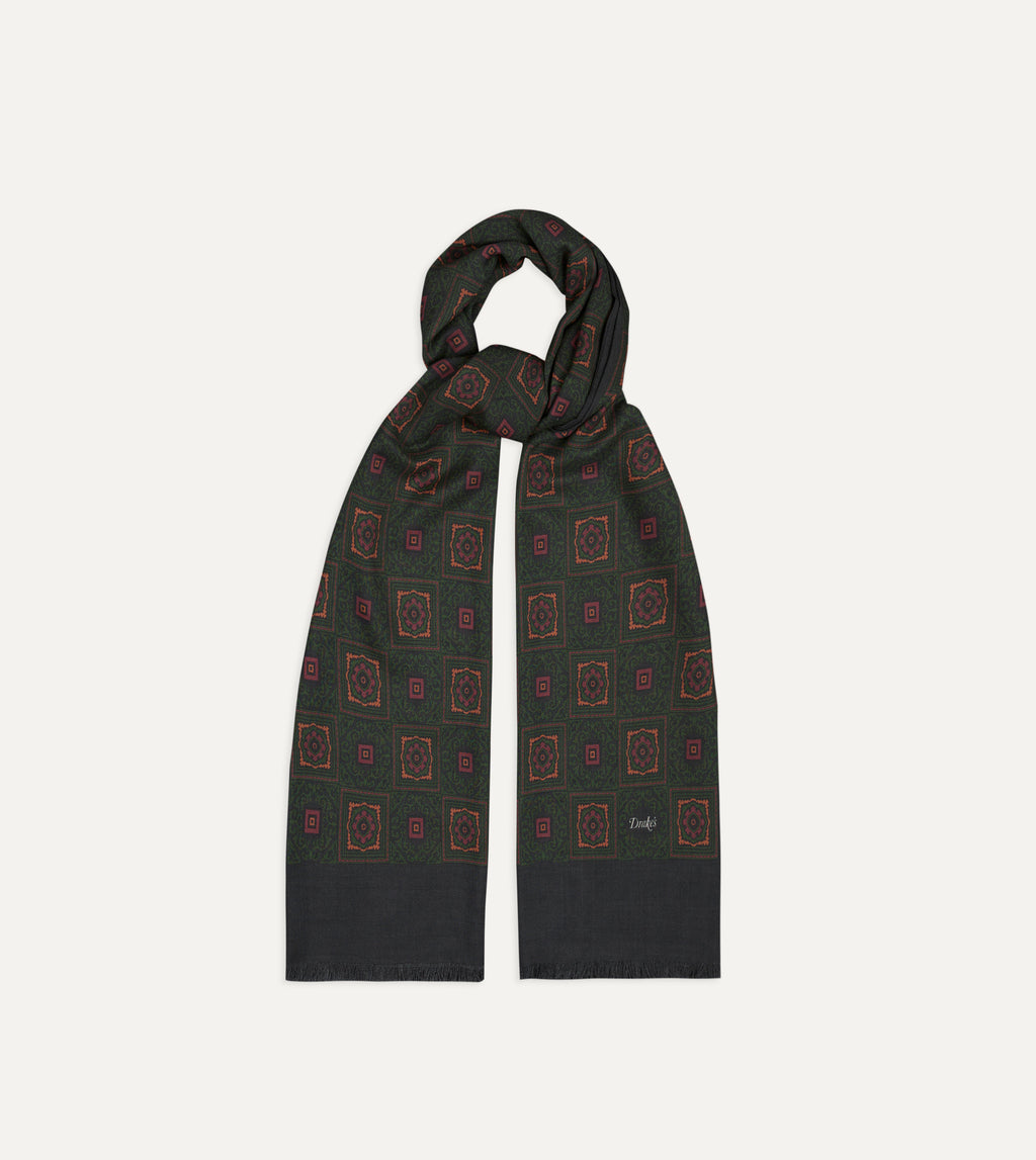Medallion Print Tubular Wool-Silk Scarf - Dark Green & Brown