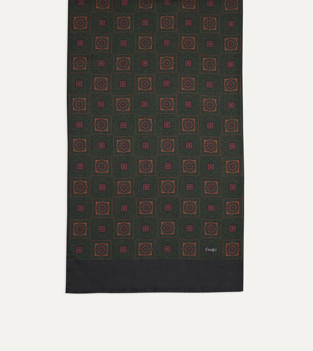 Medallion Print Tubular Wool-Silk Scarf - Dark Green & Brown