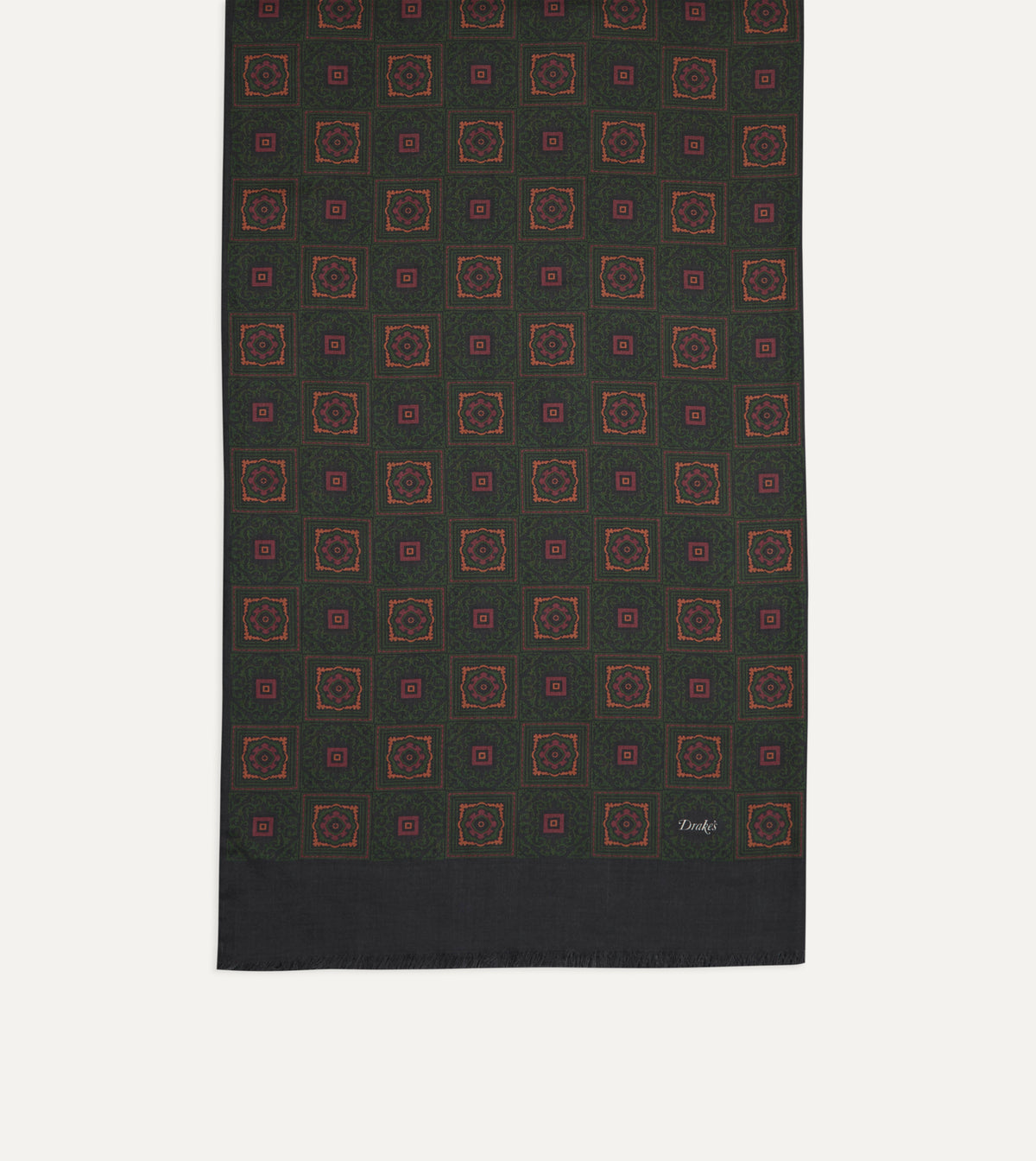 Medallion Print Tubular Wool-Silk Scarf - Dark Green & Brown