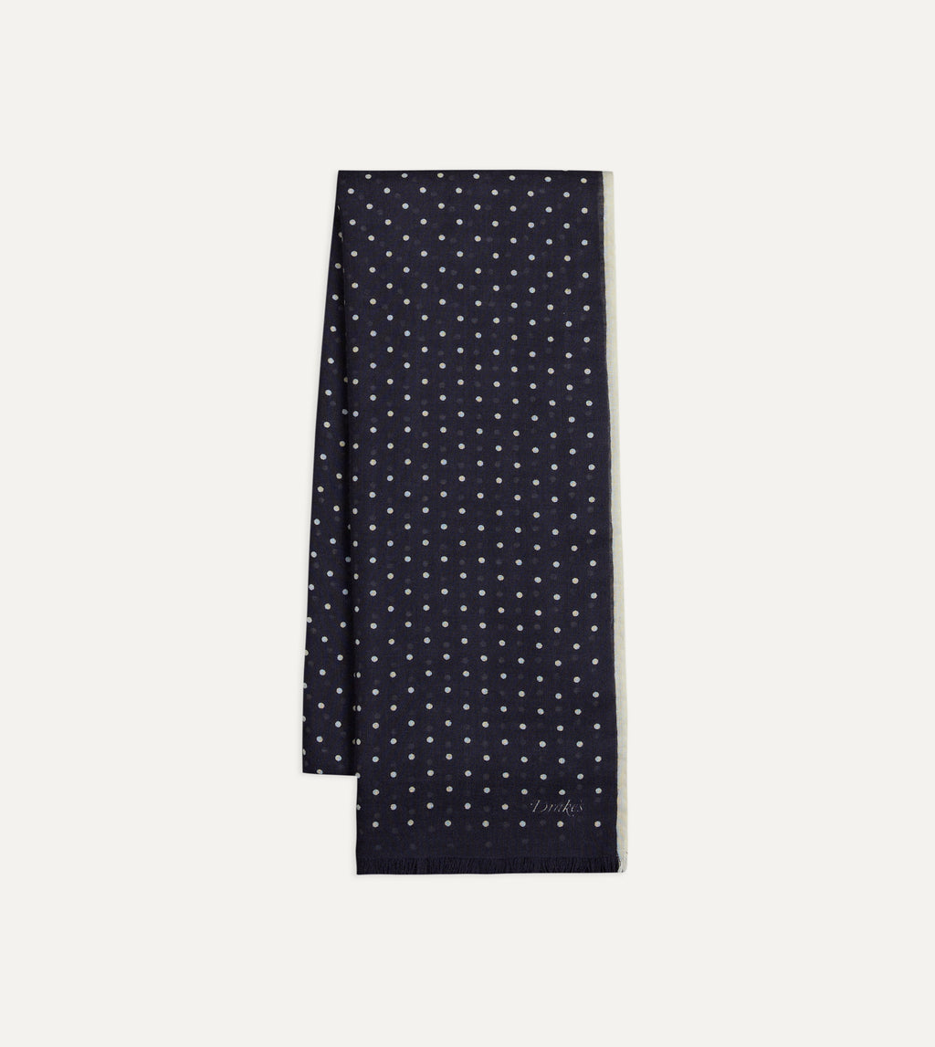 Polka Dot Wool-Silk Scarf - Navy