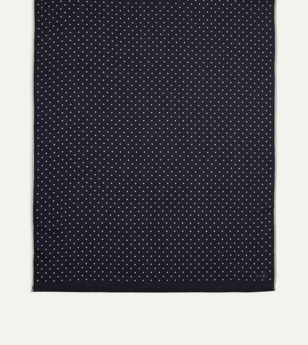 Polka Dot Wool-Silk Scarf - Navy