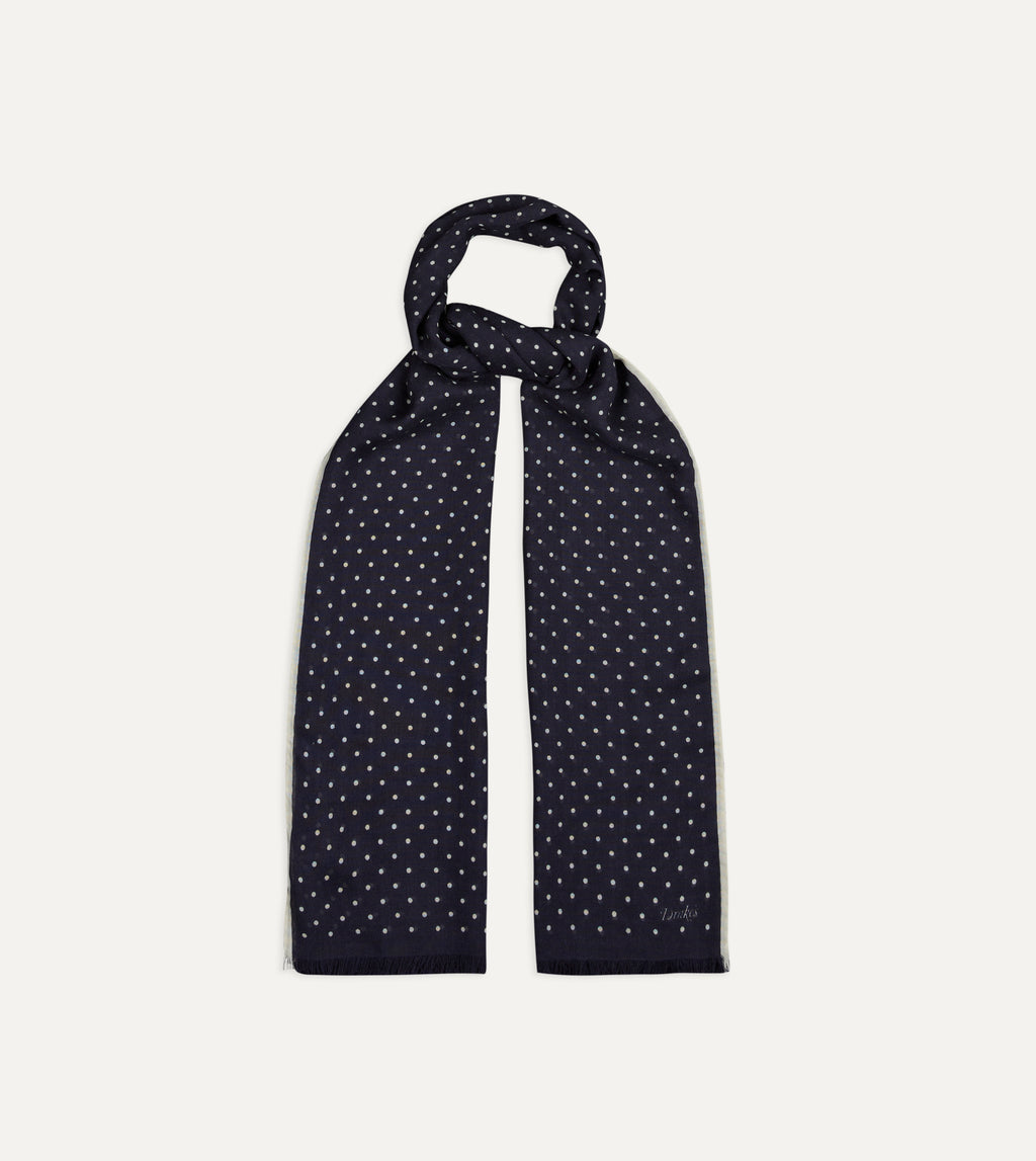 Polka Dot Wool-Silk Scarf - Navy