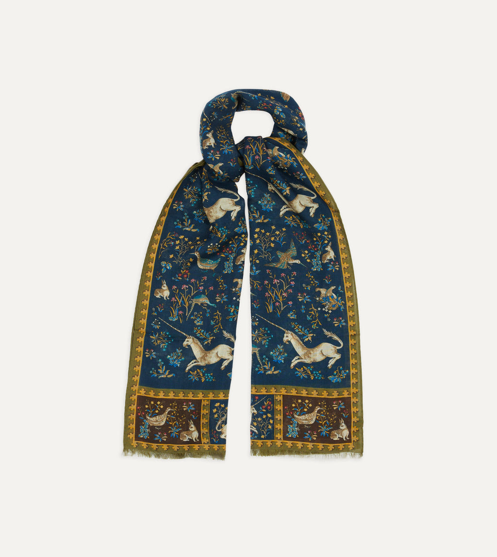 Navy unicorn print wool-silk scarf by Drake's, featuring vibrant unicorn motifs on soft, luxurious fabric.