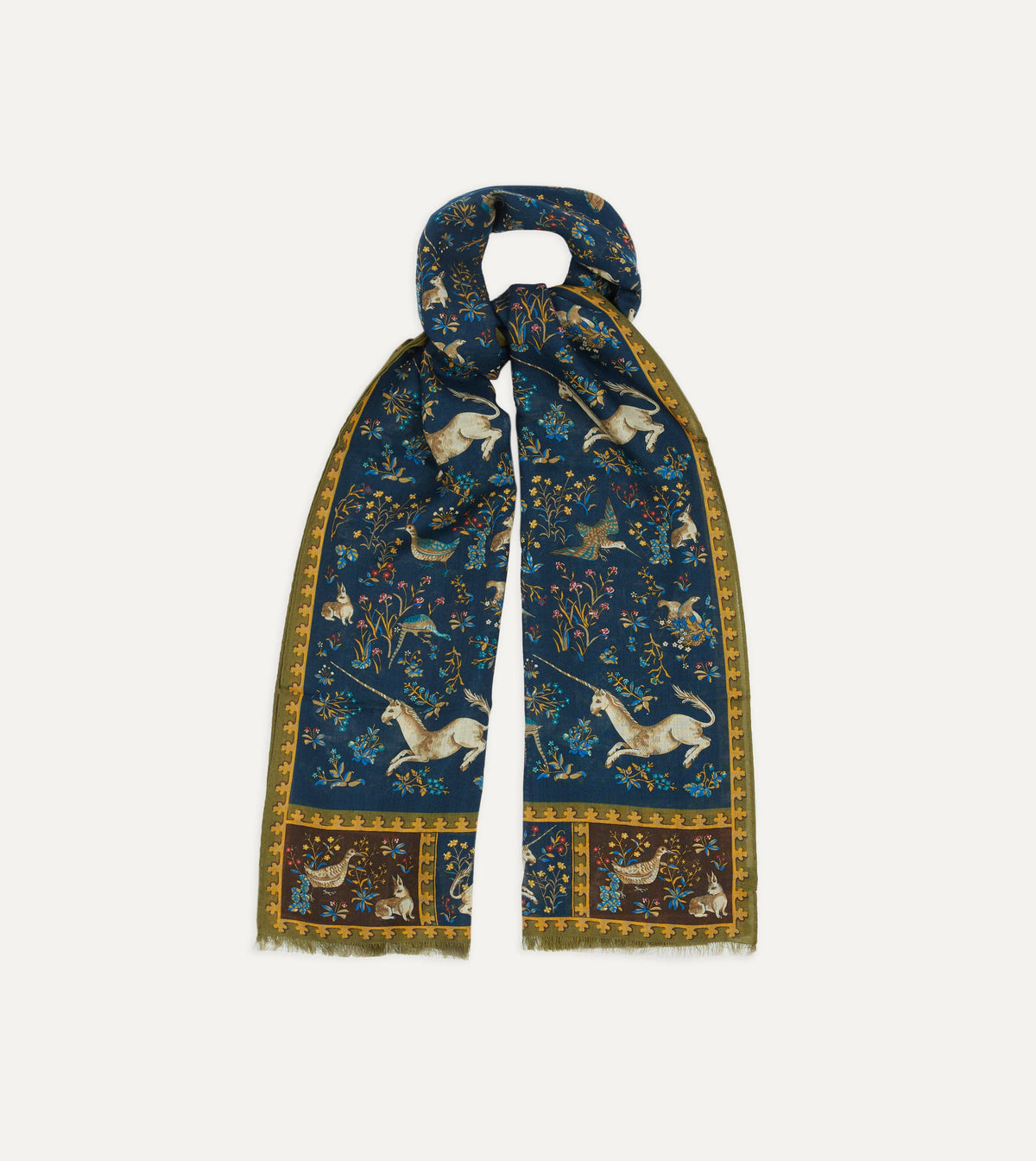 Navy unicorn print wool-silk scarf by Drake's, featuring vibrant unicorn motifs on soft, luxurious fabric.
