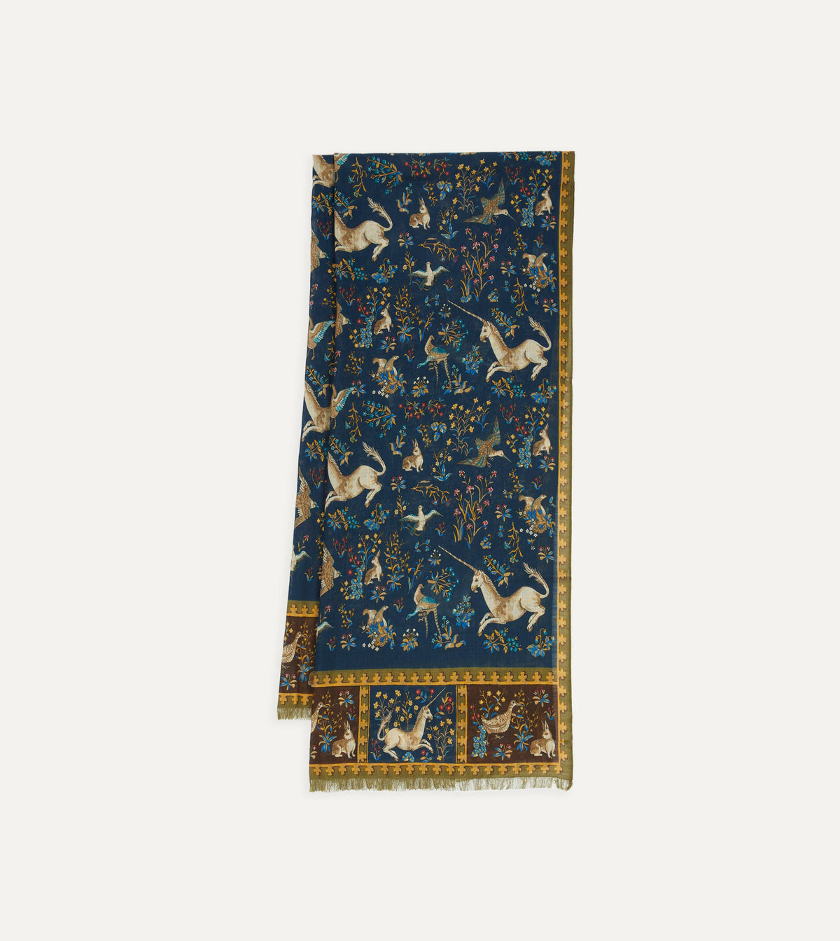 Navy unicorn print wool-silk scarf by Drake's, featuring intricate unicorn designs on soft, luxurious fabric.