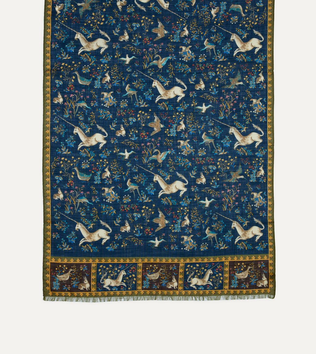Navy wool-silk scarf with unicorn print from Drake's accessories collection, featuring soft fabric and detailed unicorn design.