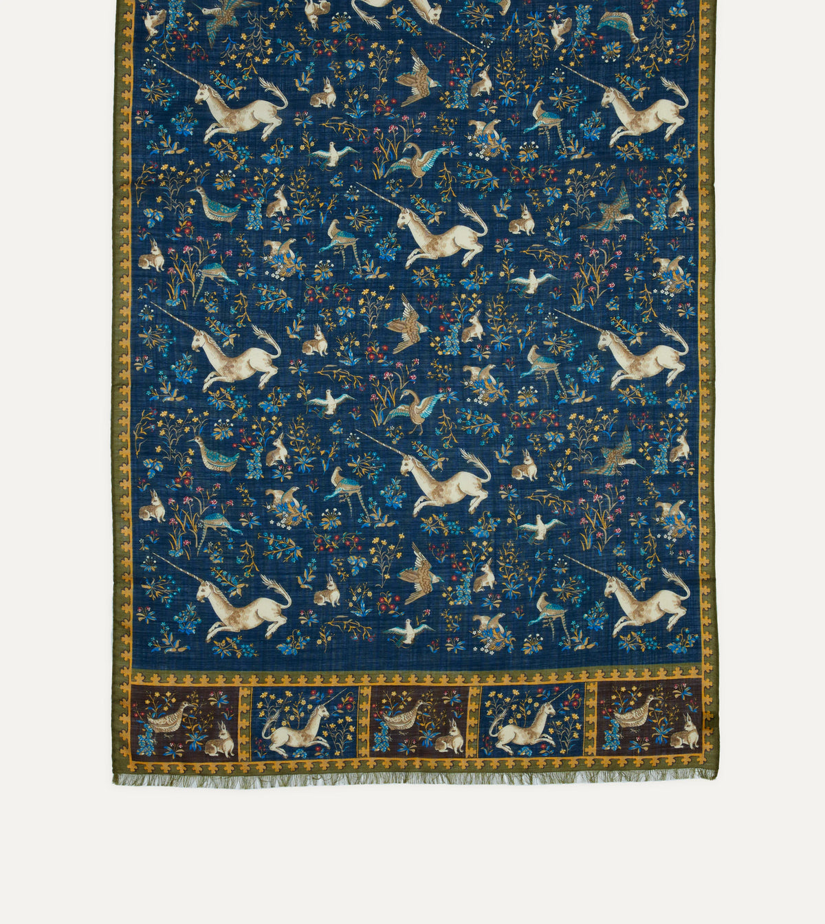 Navy wool-silk scarf with unicorn print from Drake's accessories collection, featuring soft fabric and detailed unicorn design.