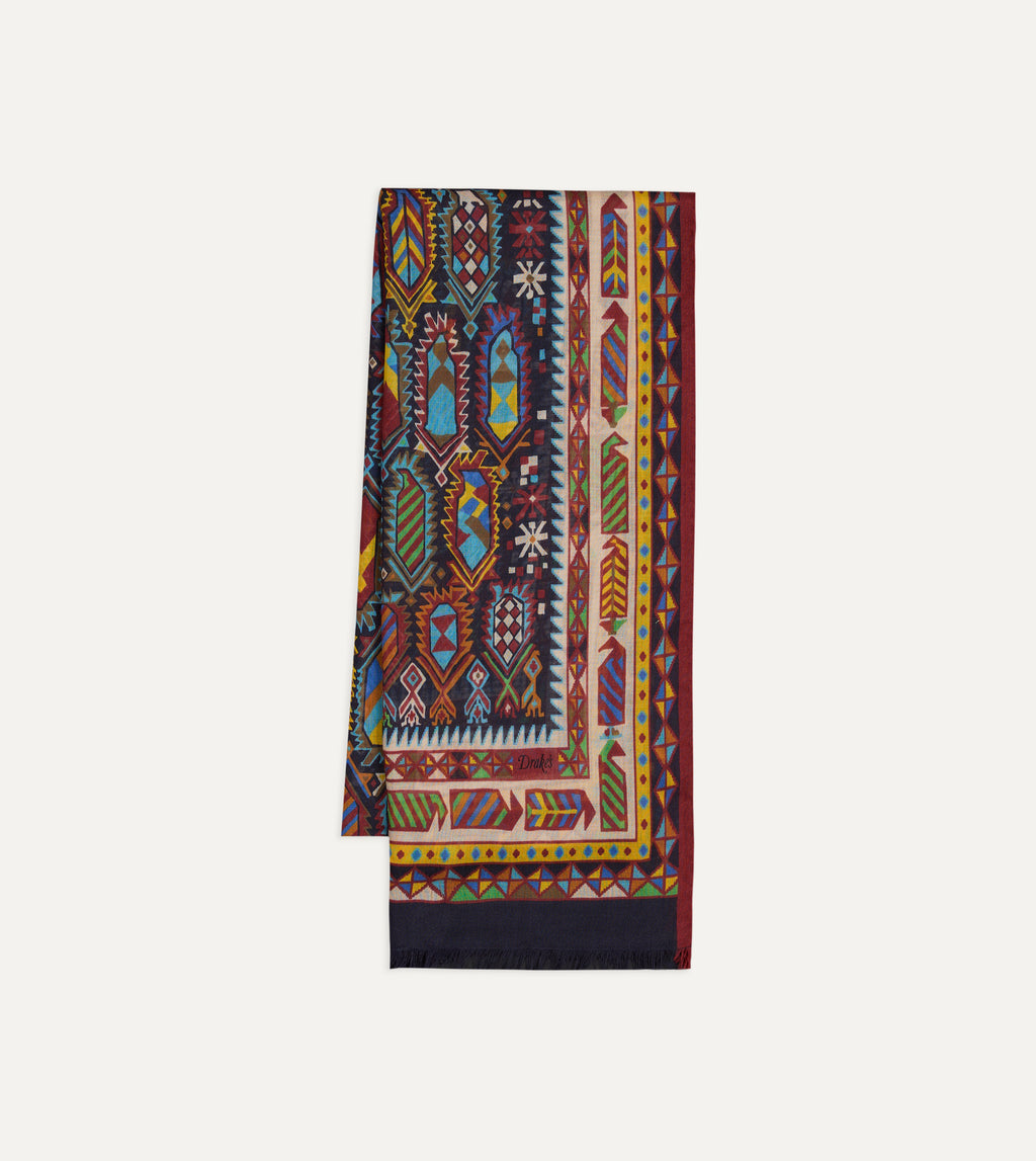 Woven Print Wool-Silk Scarf - Purple & Navy