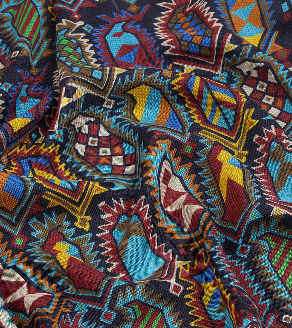 Woven Print Wool-Silk Scarf - Purple & Navy