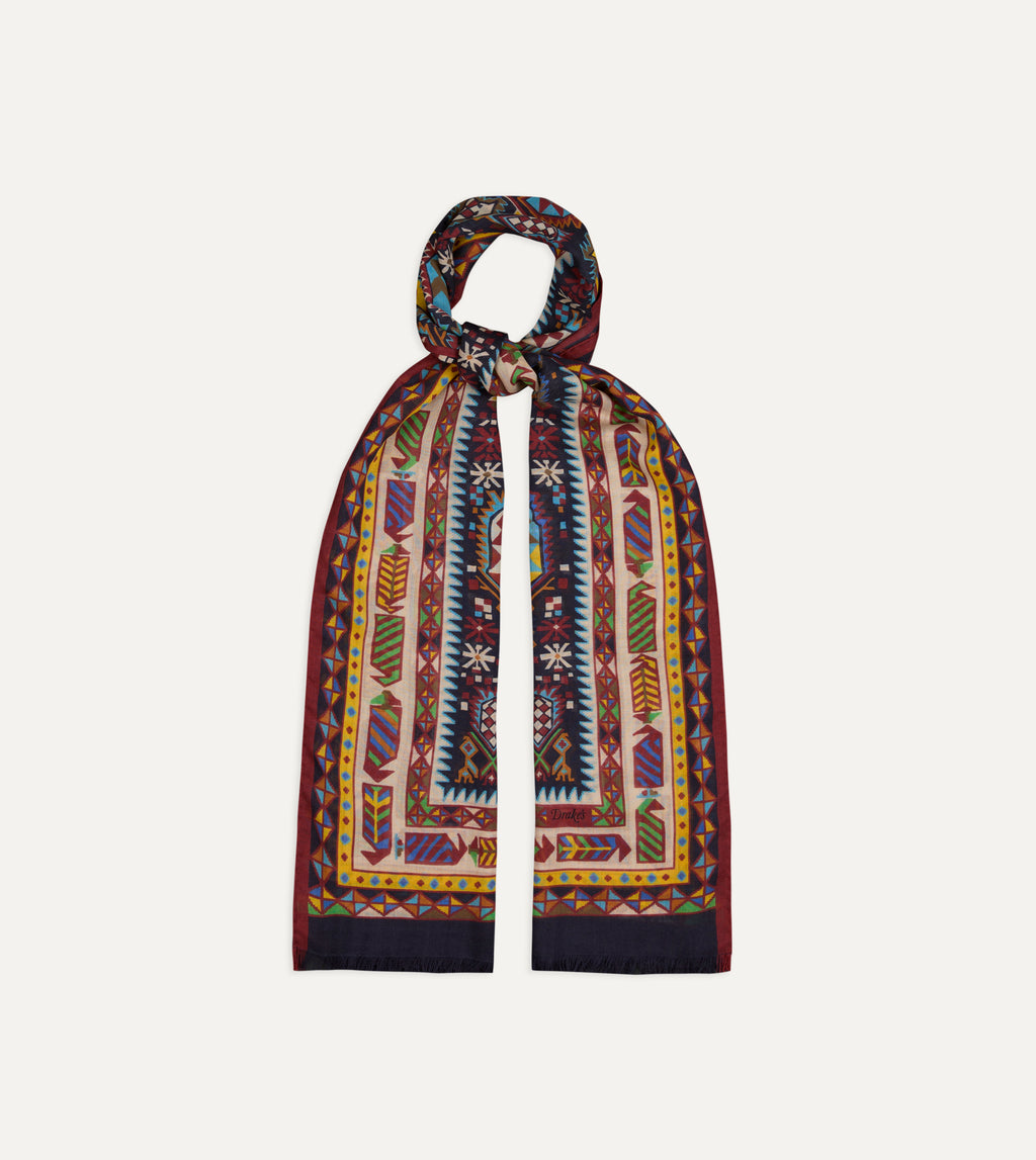 Woven Print Wool-Silk Scarf - Purple & Navy