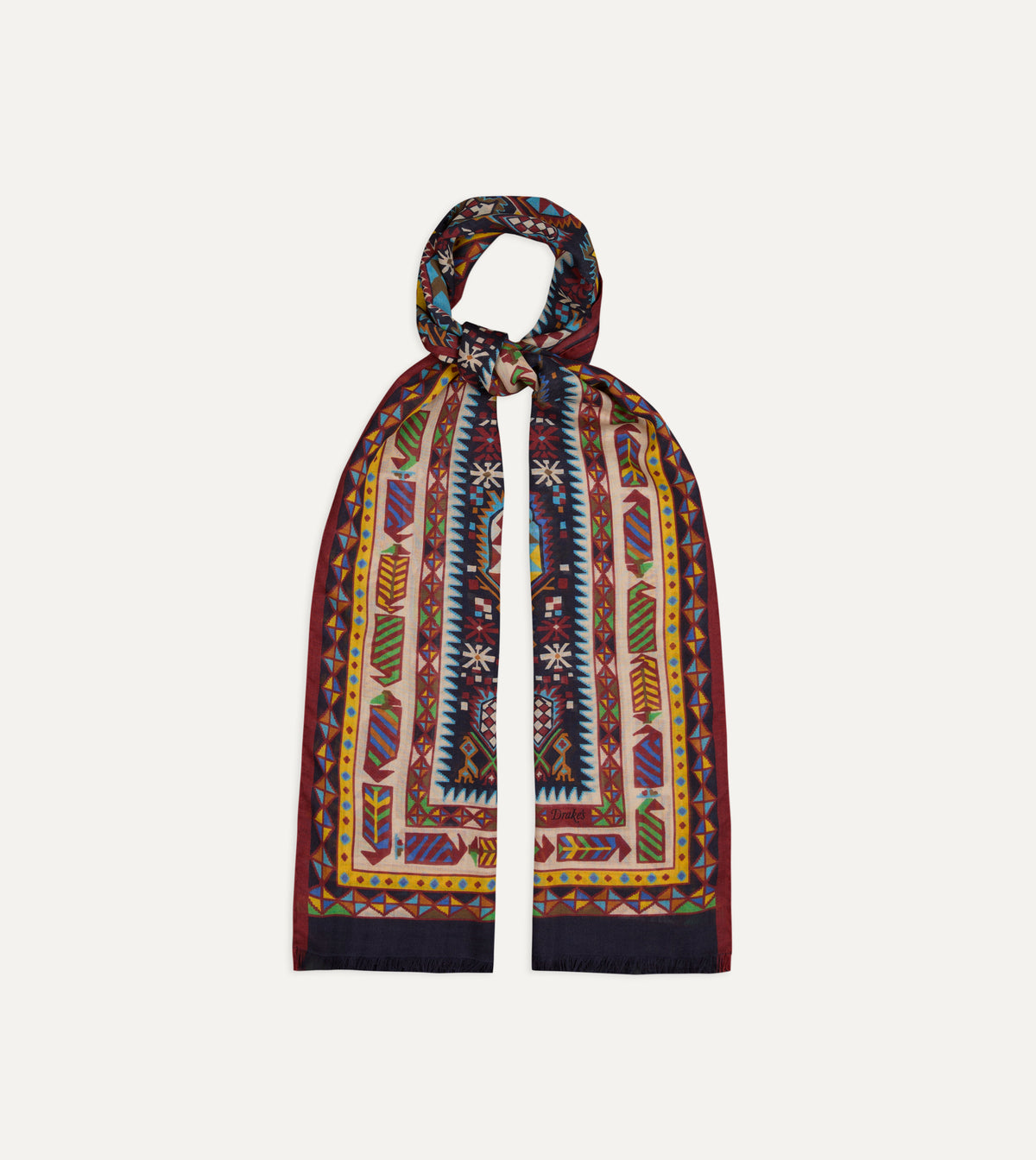 Woven Print Wool-Silk Scarf - Purple & Navy
