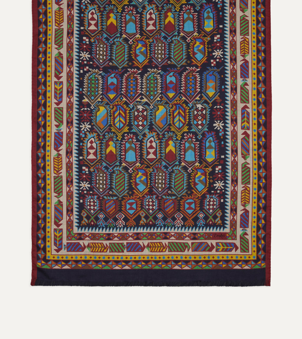 Woven Print Wool-Silk Scarf - Purple & Navy