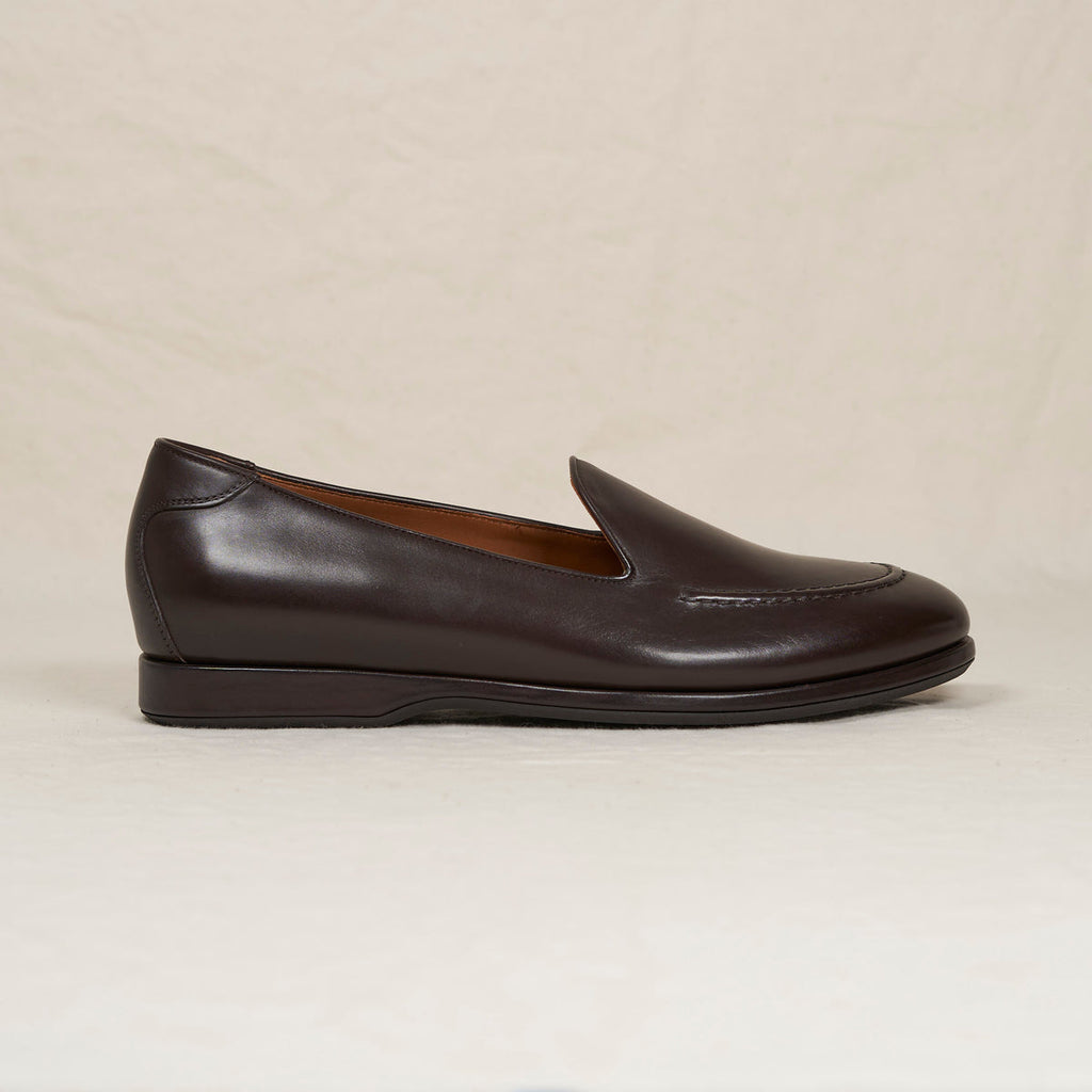 August Special Augie Type-S Loafer in espresso calf leather, side view showing sleek design and classic slip-on style.