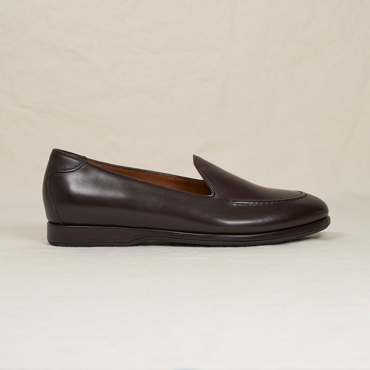 August Special Augie Type-S Loafer in espresso calf leather, side view showing sleek design and classic slip-on style.
