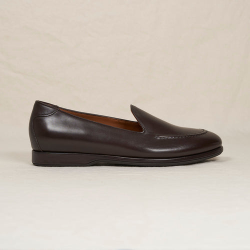 August Special Augie Type-S Loafer in espresso calf leather, side view showing sleek design and classic slip-on style.