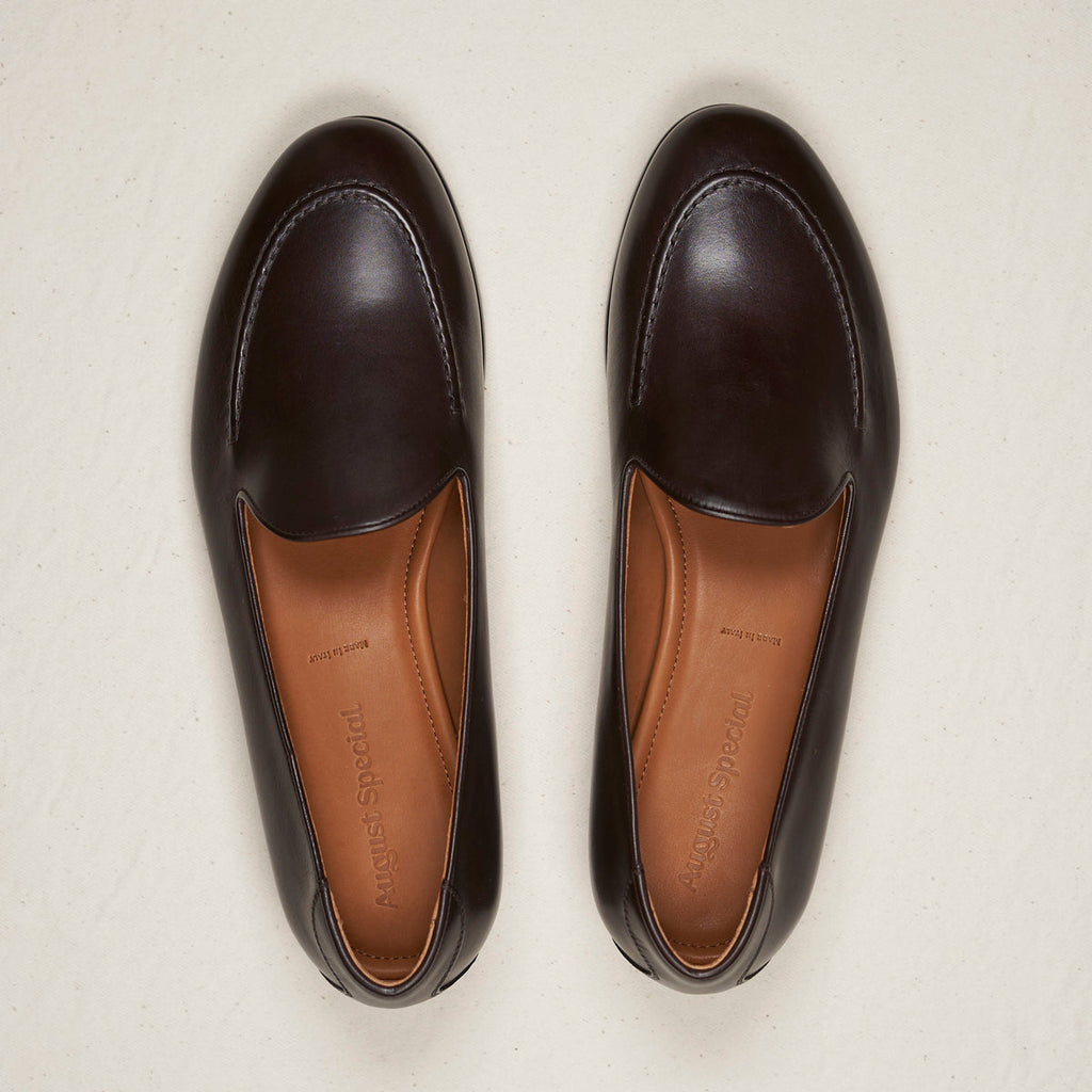 August Special Augie Type-S Loafer in espresso calf leather, shown from a top-down view of the footwear.