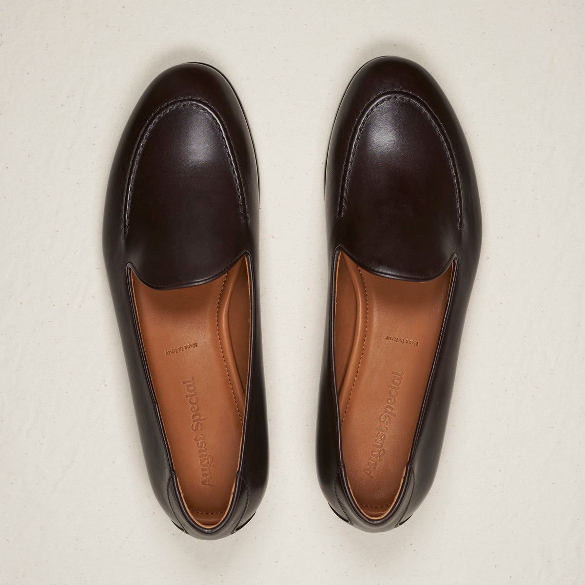 August Special Augie Type-S Loafer in espresso calf leather, shown from a top-down view of the footwear.