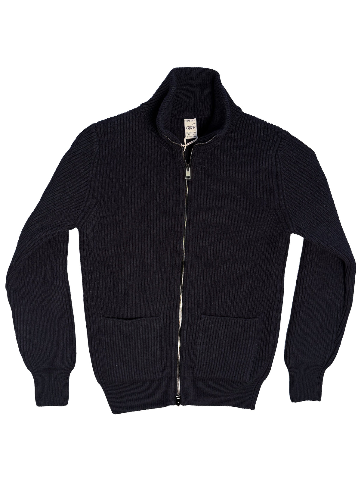 Wool Cashmere Ribbed Knitted Zip Jacket - Navy