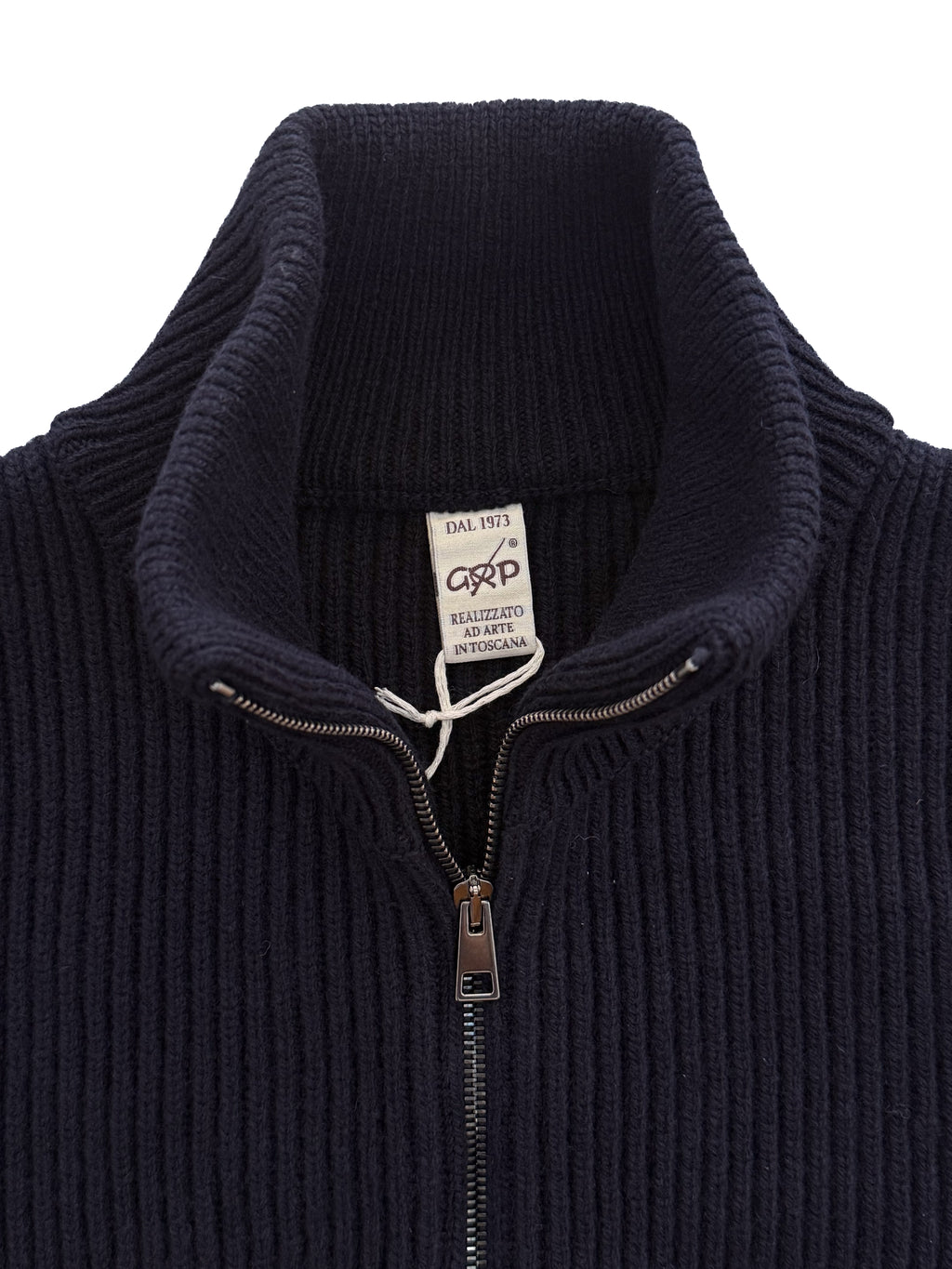 Wool Cashmere Ribbed Knitted Zip Jacket - Navy