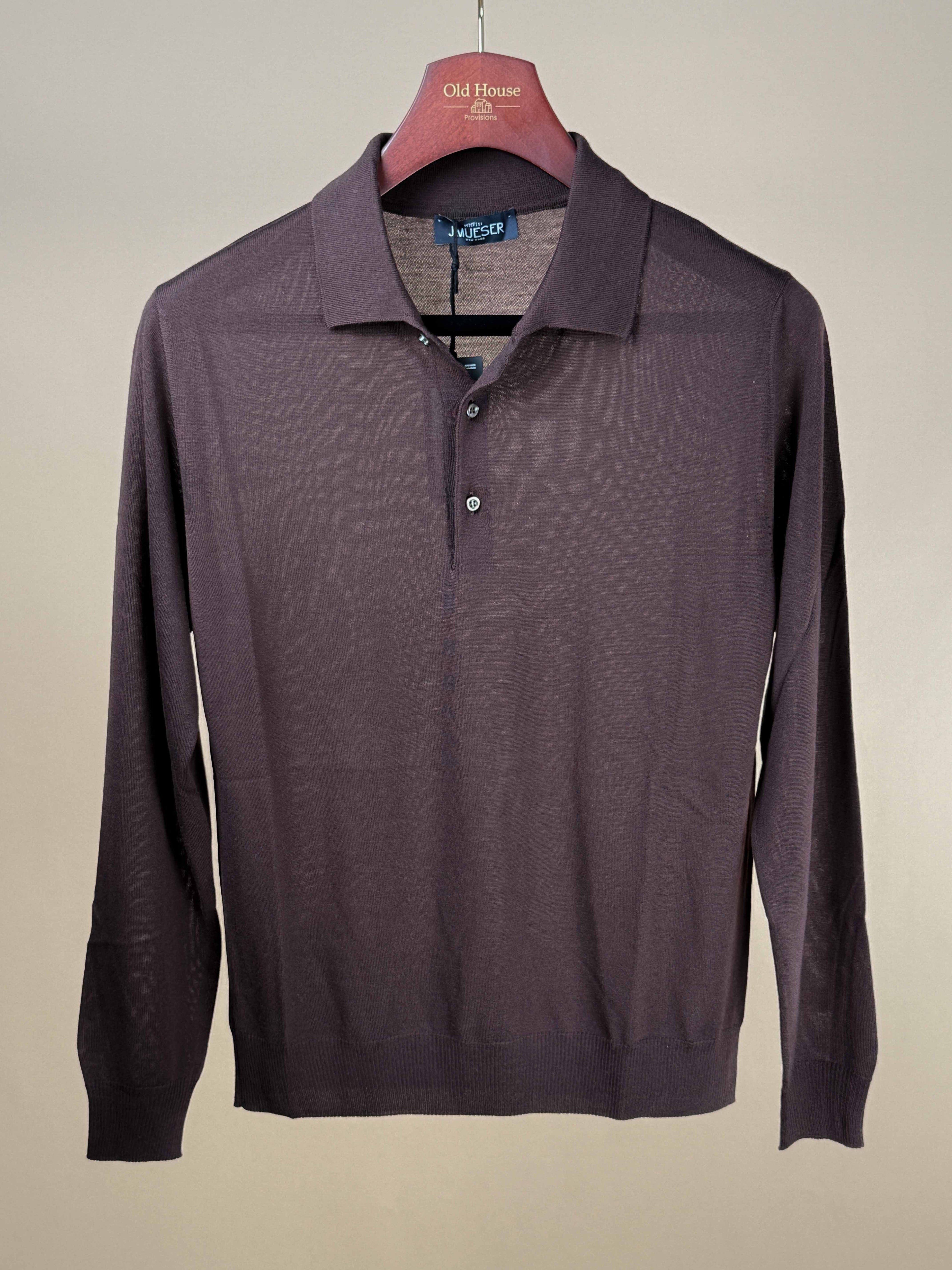 Brown Loro Piana Wish Wool Polo shirt from J.Mueser, featuring a classic collar and smooth wool fabric.