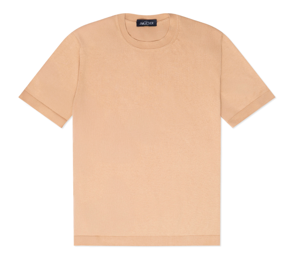 Tan knitted cotton T-shirt by J.Mueser, showcasing a casual, textured fabric with a classic fit and short sleeves.