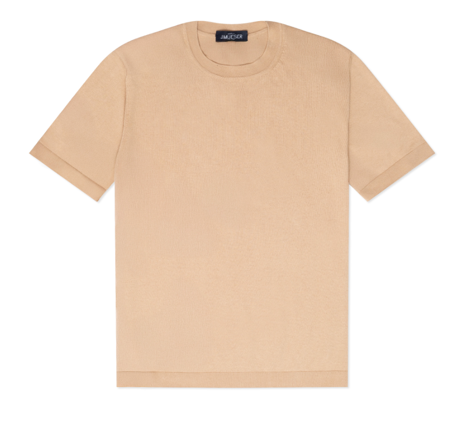 Tan knitted cotton T-shirt by J.Mueser, showcasing a casual, textured fabric with a classic fit and short sleeves.