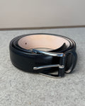 Black calfskin belt by Kreis, 35mm wide, with a polished buckle, designed as a stylish accessory for men.